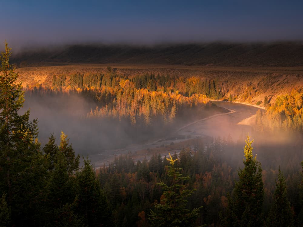 Golden Autumn River Mist by Lian Tang — canvas wall art