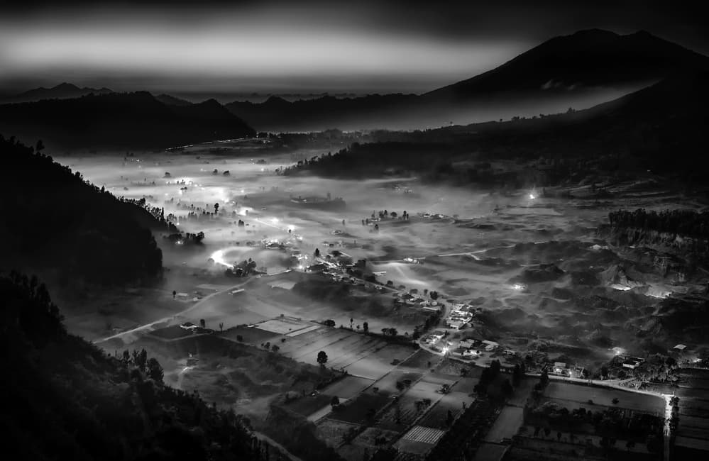 Foggy Valley Village Lights by Phil Green — canvas wall art
