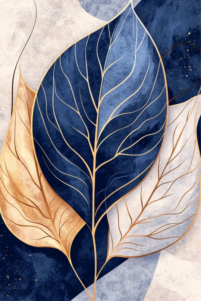 Elegant Blue Gold Leaves by Sally Ann Moss — canvas wall art