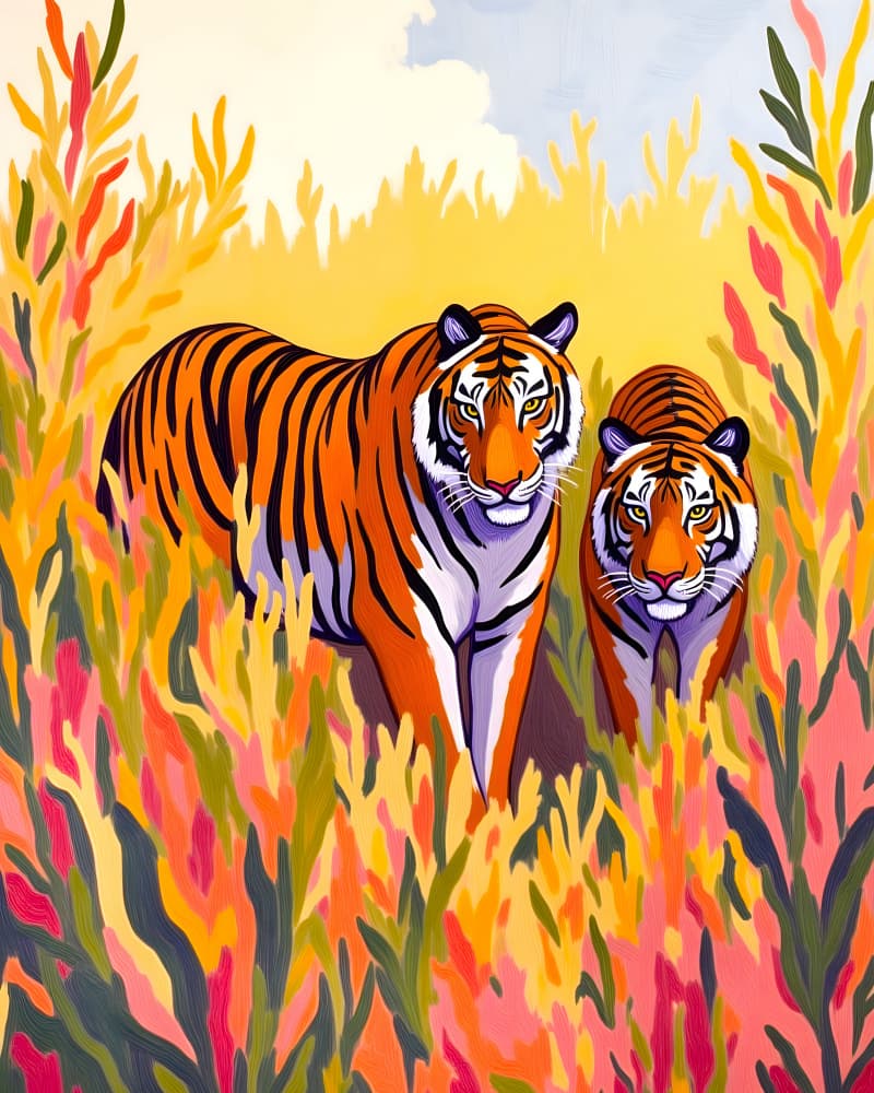 Golden Hour Tigers by Uma Gokhale — canvas wall art