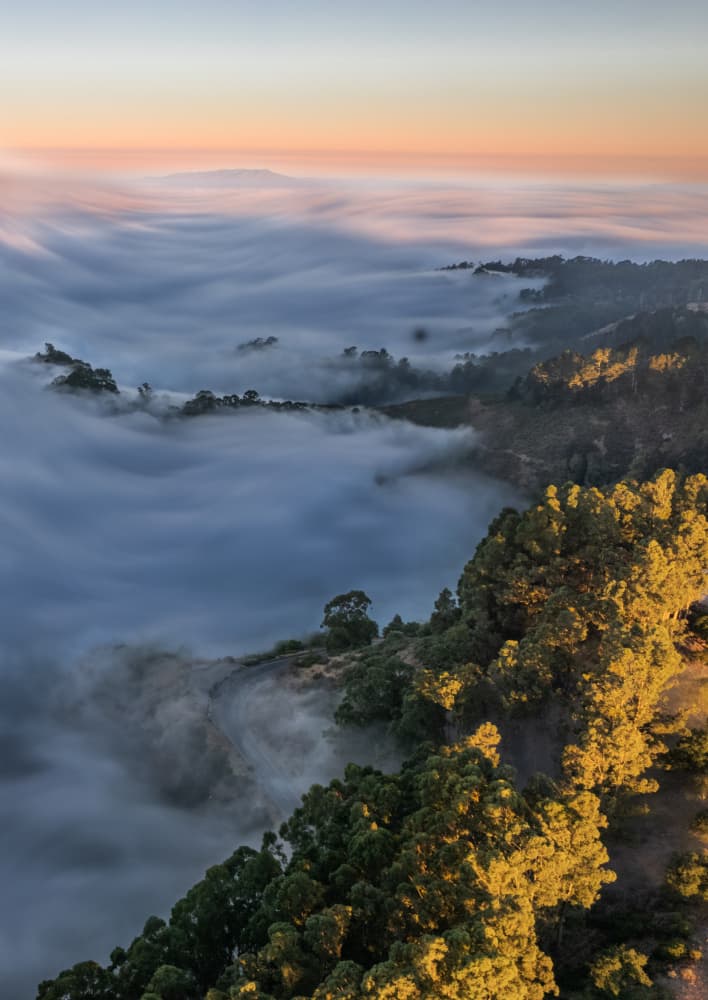 Golden Foggy Mountain Road by Jenny Qiu — canvas wall art