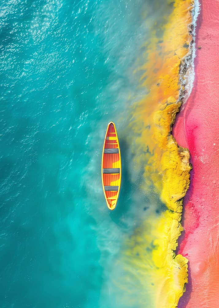 Vibrant Canoe On Colorful Shore by Justyna Jaszke — canvas wall art