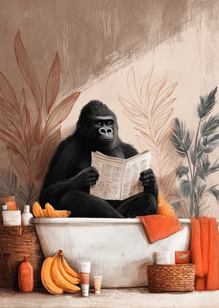 Gorilla Reading Bathtub by Justyna Jaszke — canvas wall art