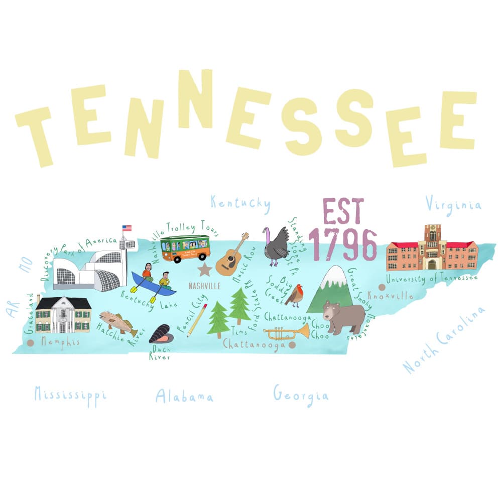 Tennessee State Icons Map by Carla Daly — canvas wall art