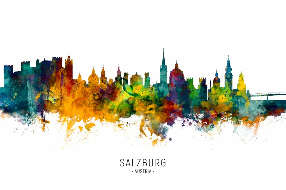Colorful Salzburg Skyline Art by Michael Tompsett — canvas wall art