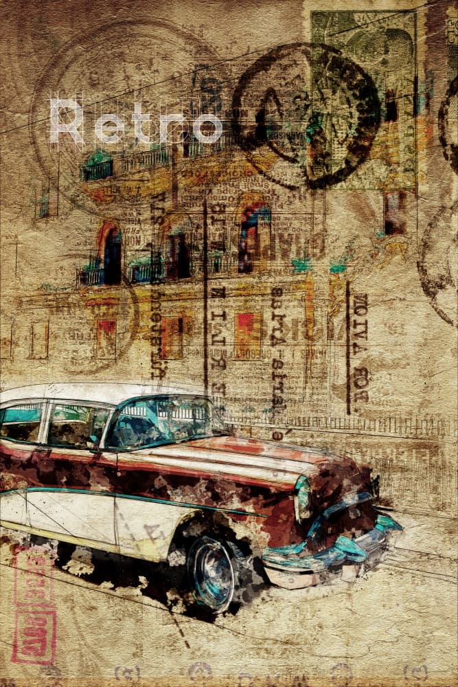 Rusty Retro City Car by Lembayung senja studio [Vintage Poster] — canvas wall art