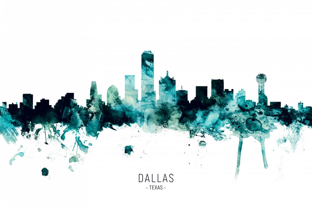 Dallas Skyline Watercolor by Michael Tompsett — canvas wall art