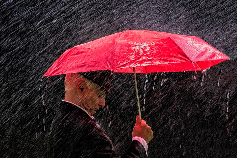 Red Umbrella in Rain by Karen Celella — canvas wall art