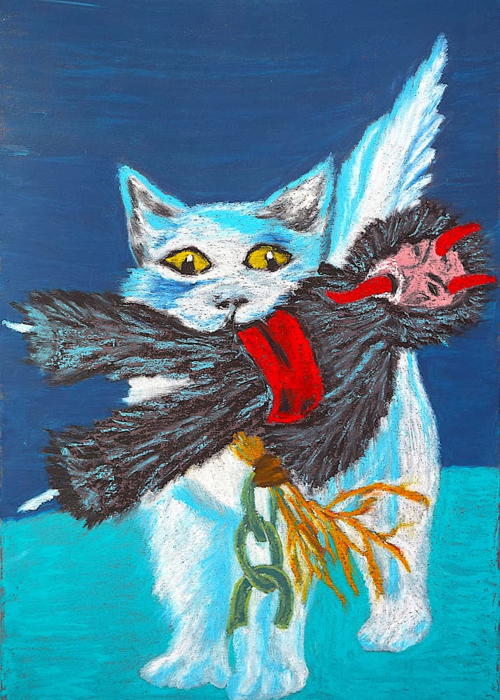 Winged Cat Catches Demon by Viktoriia Saunina — canvas wall art