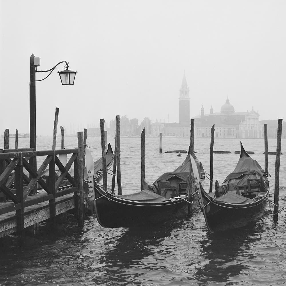 Misty Venice Gondolas by YuppiDu — canvas wall art