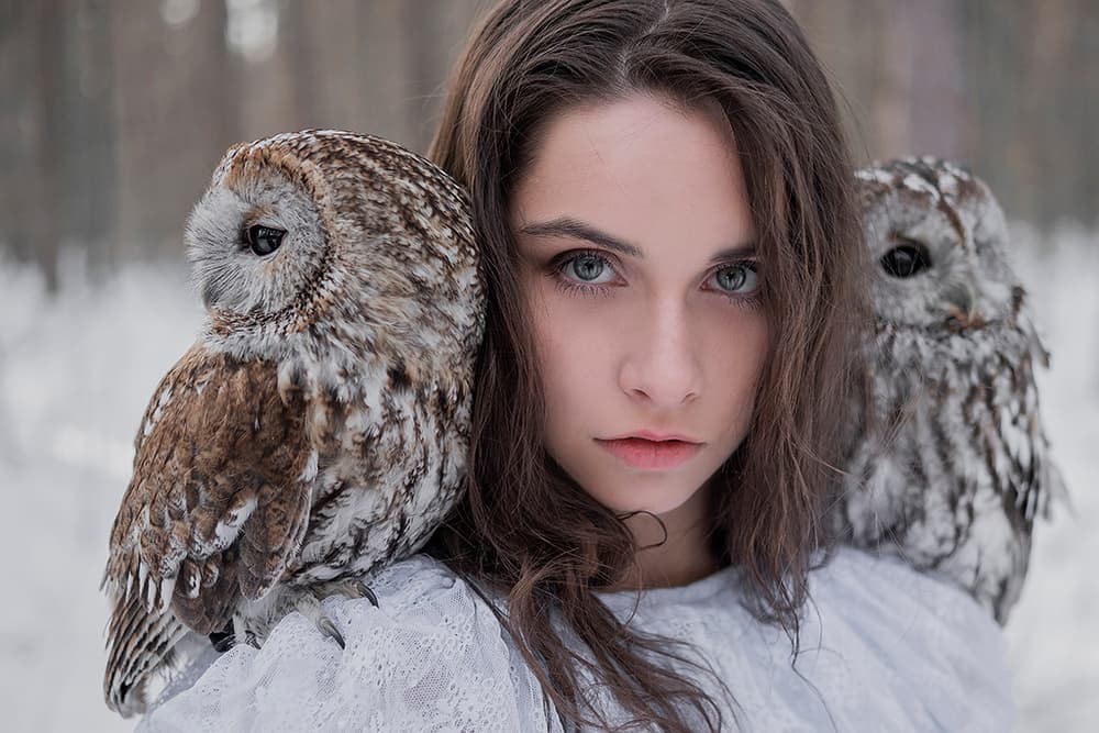 Winter Woman with Owls by Olga Barantseva — canvas wall art