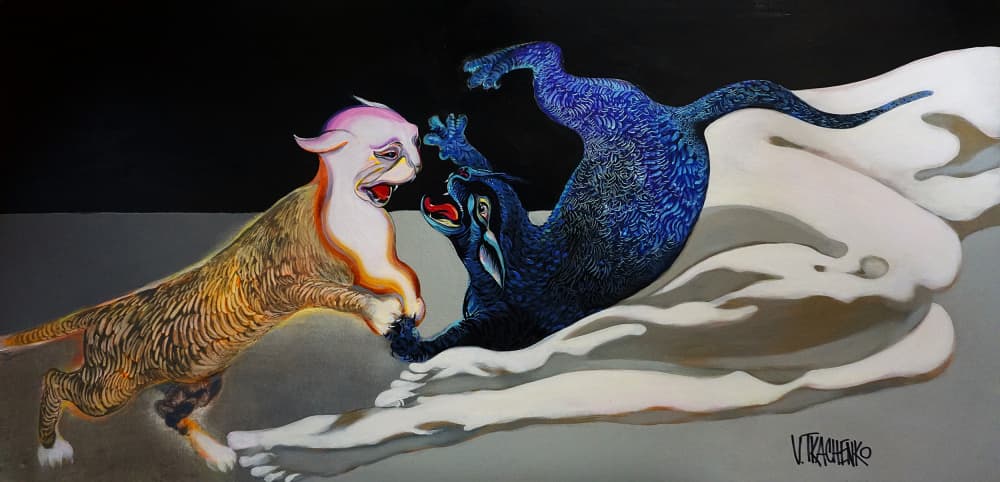 Blue Gold Feline Embrace by Victor Tkachenko — canvas wall art