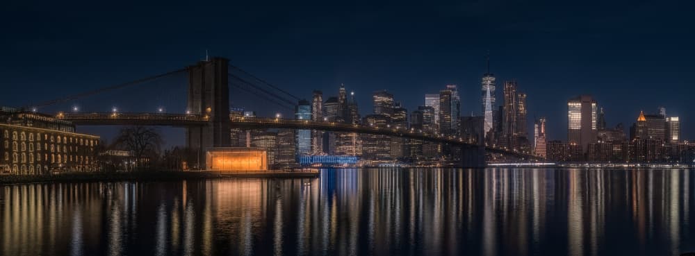 Brooklyn Bridge Night Reflections by Paco Jimenez — canvas wall art
