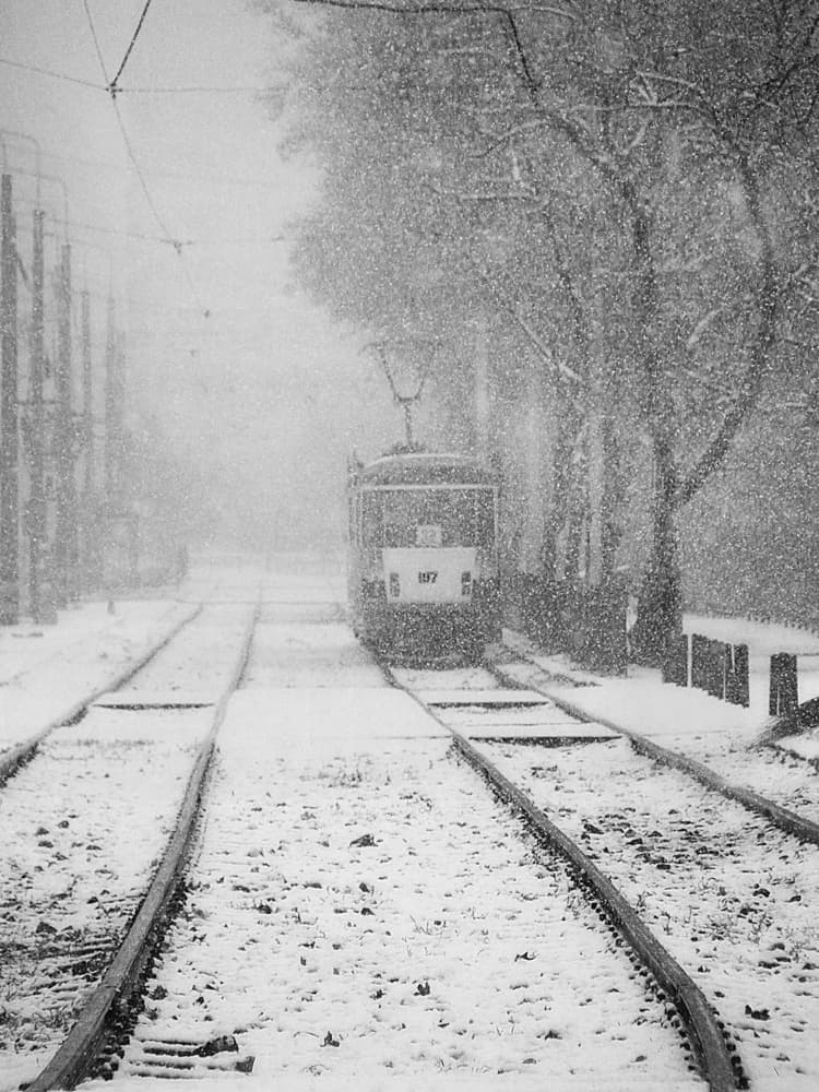 Lonely Winter Tram by Nicoleta Gabor — canvas wall art