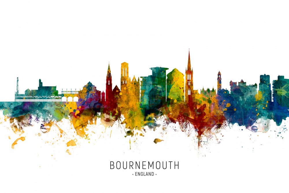 Bournemouth Watercolor Skyline by Michael Tompsett — canvas wall art