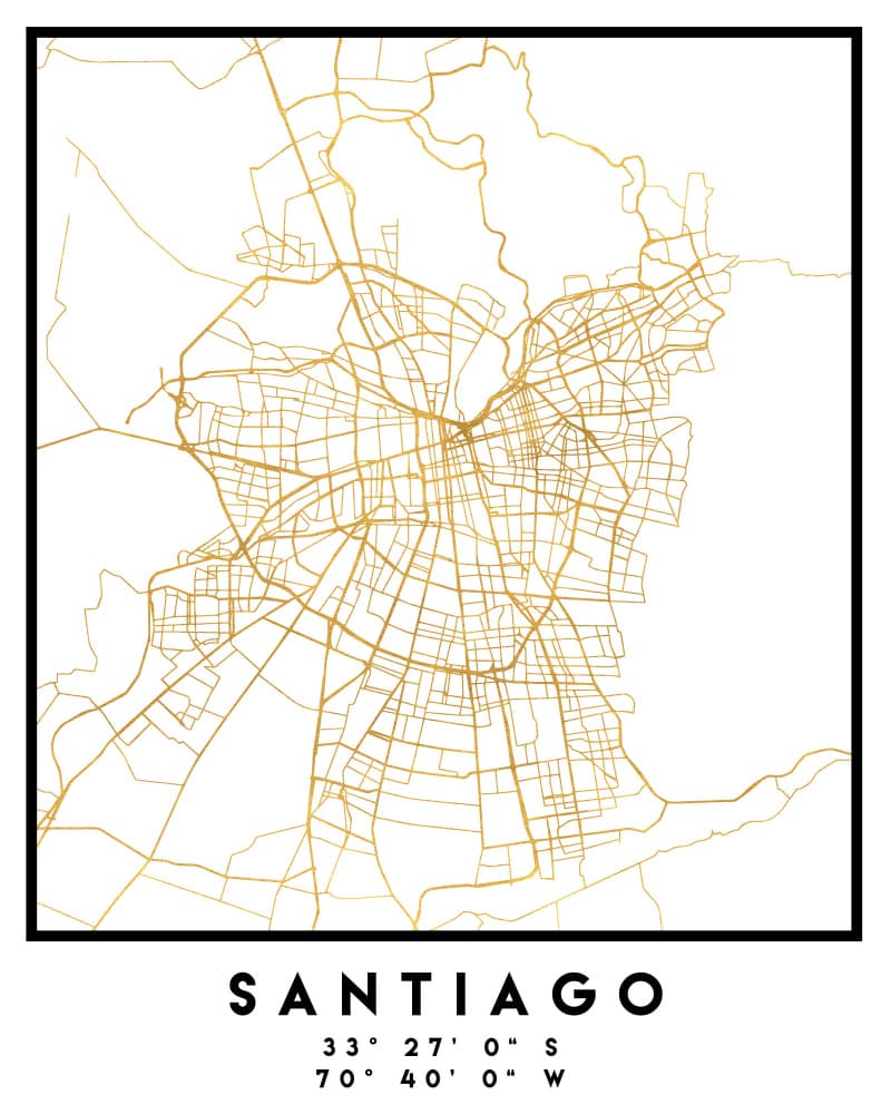 Golden Santiago City Map by Emiliano Deificus — canvas wall art
