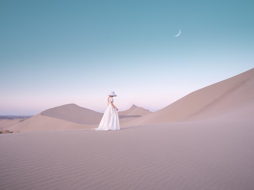 White Dress Desert Moon by Bingo Z — canvas wall art