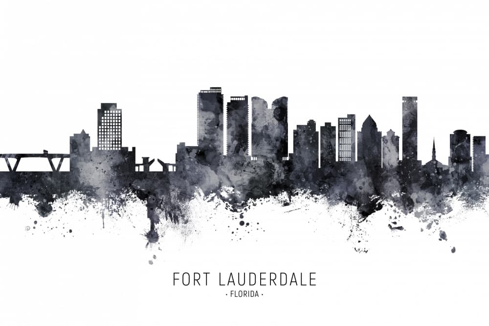 Fort Lauderdale Skyline Watercolor by Michael Tompsett — canvas wall art