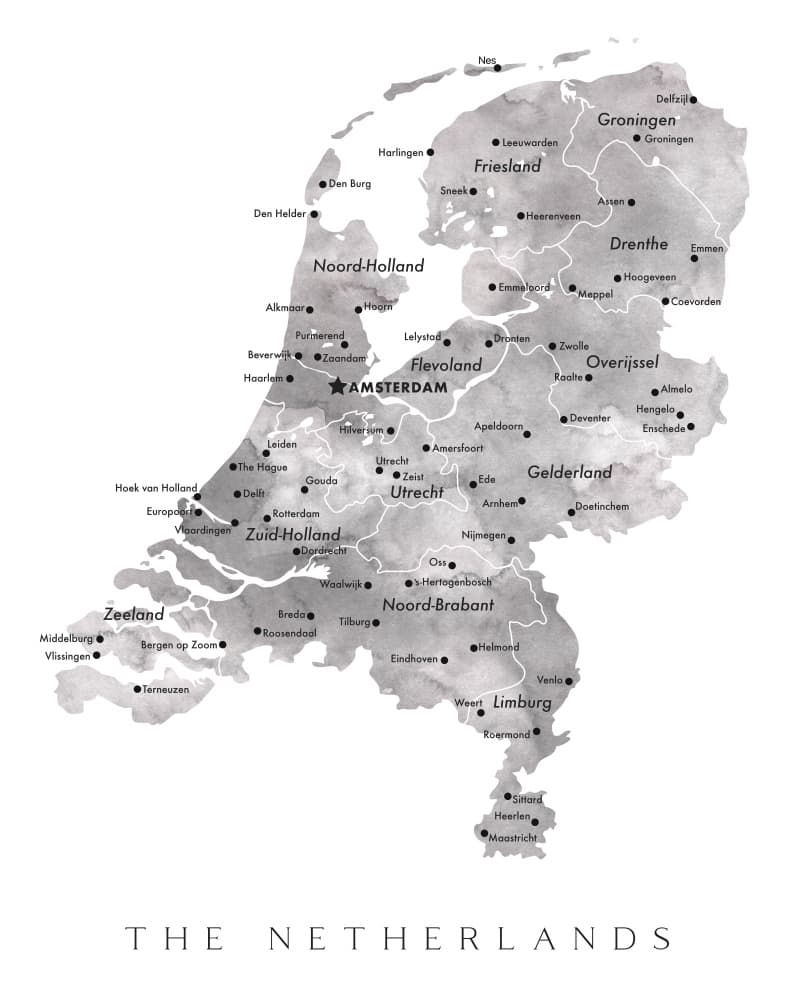 Grayscale Netherlands Map by Rosana Laiz Blursbyai — canvas wall art