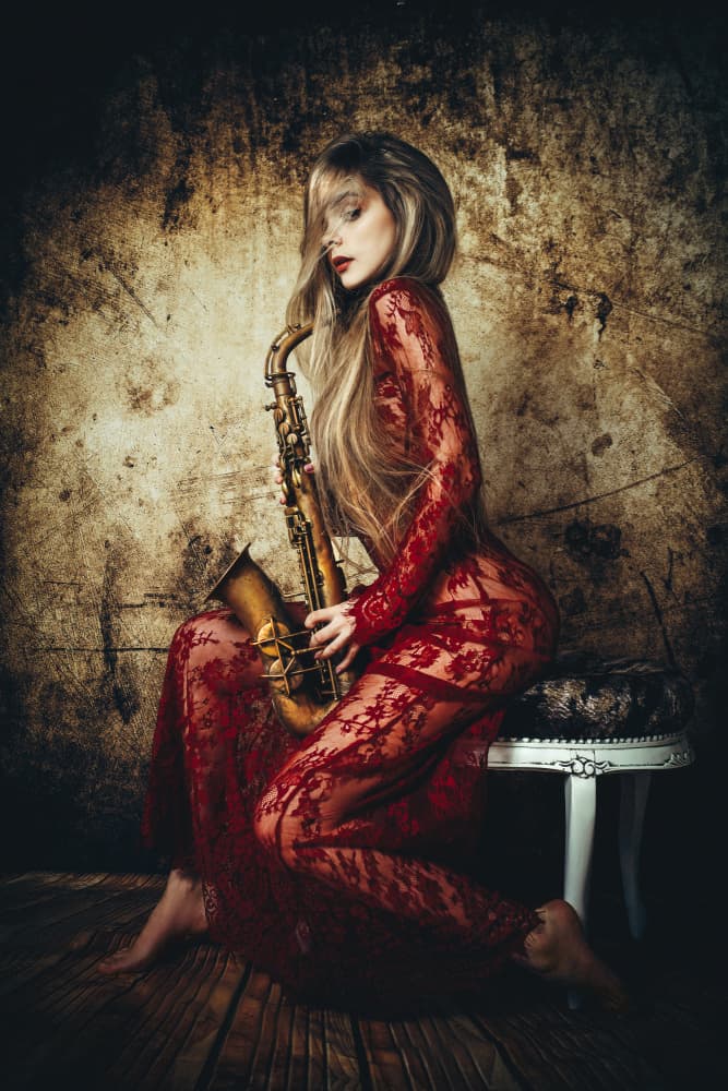 Red Lace and Saxophone by Ruslan Bolgov — canvas wall art