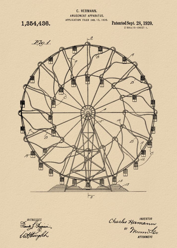 Vintage Ferris Wheel Patent by Andreas Magnusson — canvas wall art