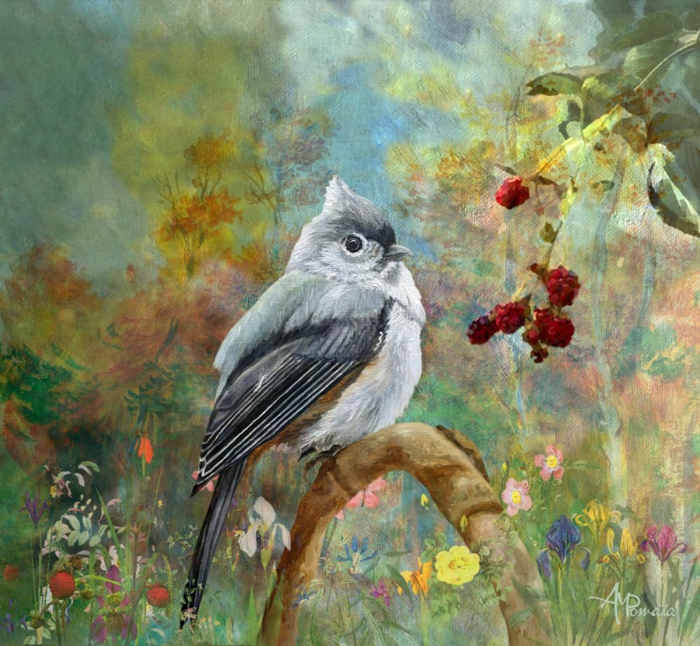 Whimsical Garden Titmouse by Angeles M. Pomata — canvas wall art