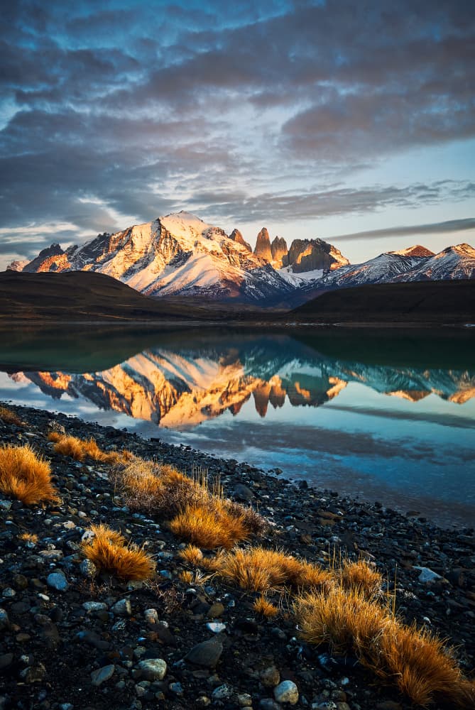 Golden Peaks Patagonia Reflection by Lucas Hungaro — canvas wall art