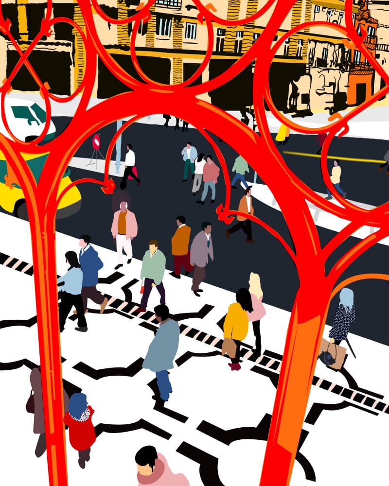 Red Abstract City Life by Uma Gokhale — canvas wall art