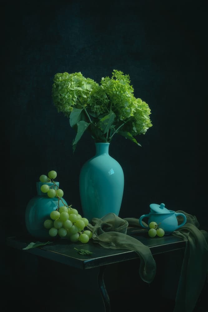 Moody Teal Still Life by Lydia Jacobs — canvas wall art