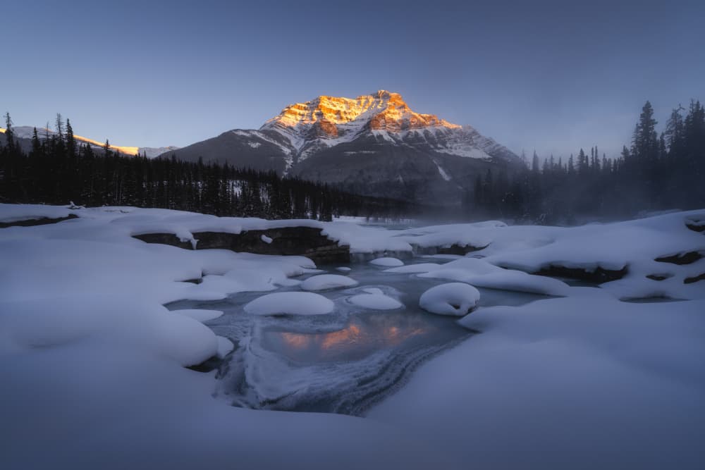 Golden Mountain Winter Stream by Steve Zhang — canvas wall art