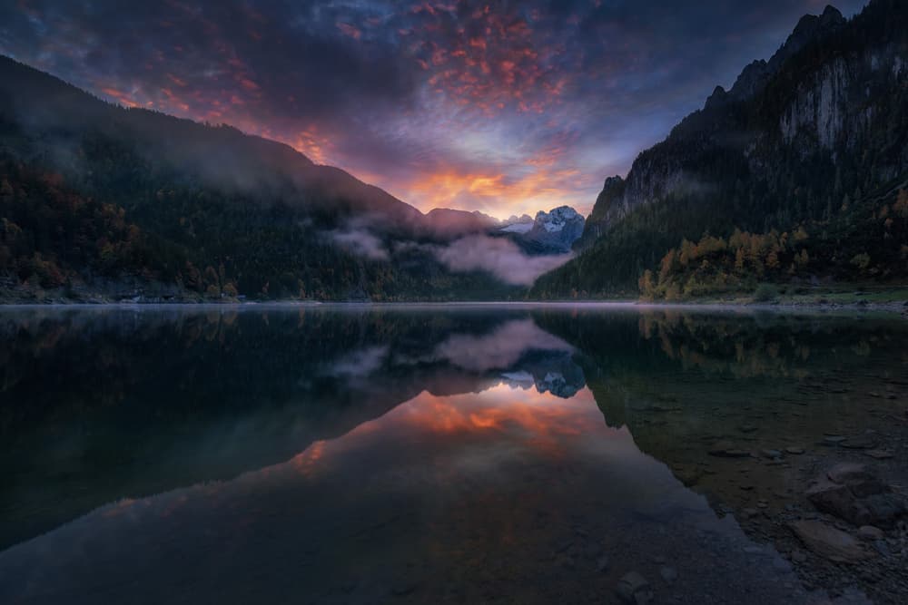 Misty Mountain Lake Sunrise by Juan Pablo de Miguel — canvas wall art
