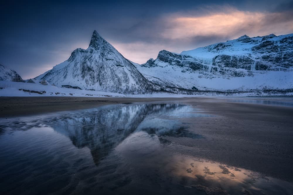 Snowy Mountain Reflection Beach by Carlos Gonzalez — canvas wall art