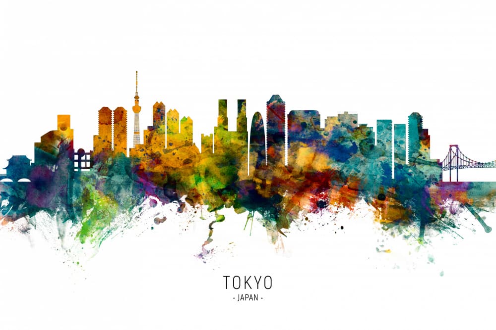 Tokyo Watercolor Skyline by Michael Tompsett — canvas wall art