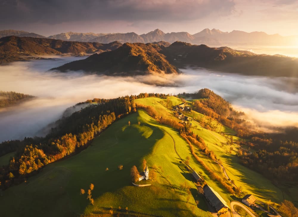 Golden Hour Mountain Church by joanaduenas — canvas wall art