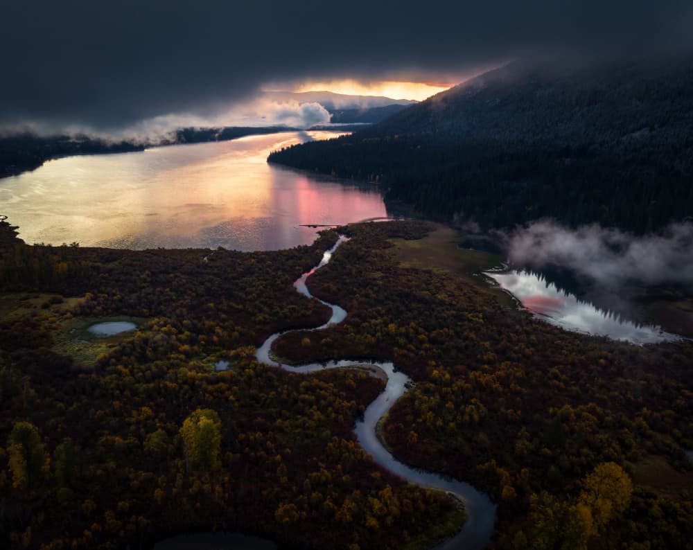 Winding River Autumn Glow by Shenshen Dou — canvas wall art