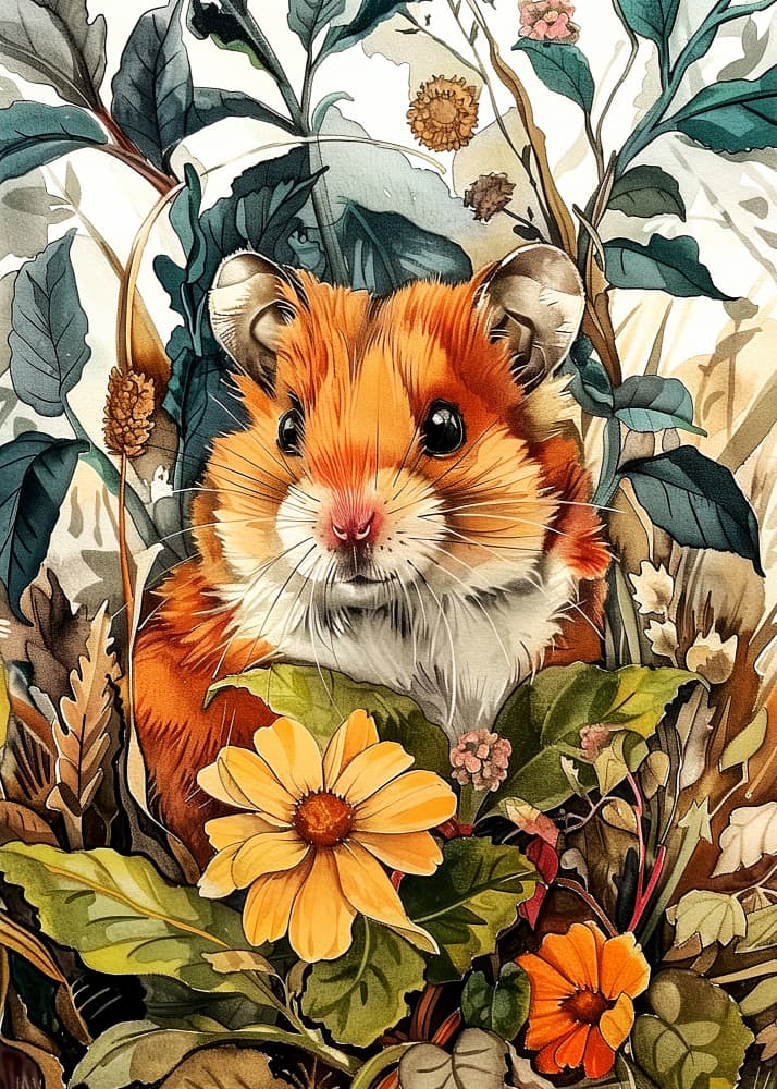 Hamster Among Flowers by Justyna Jaszke — canvas wall art
