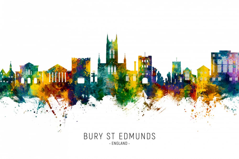 Bury St Edmunds Watercolor Skyline by Michael Tompsett — canvas wall art