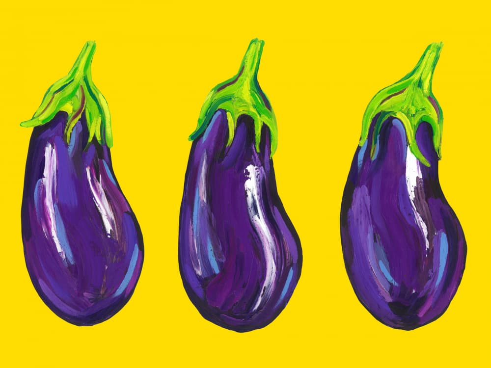 Three Sunny Eggplants by Alice Straker — canvas wall art