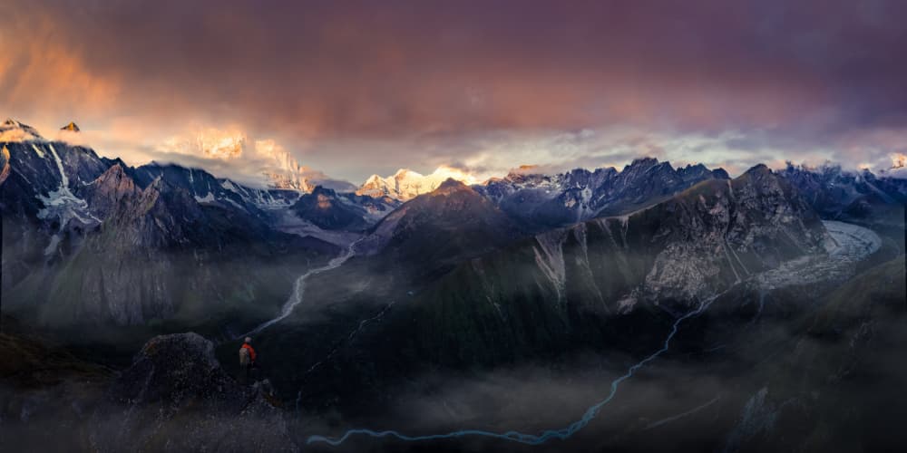 Mountain Hiker At Sunrise by qiye — canvas wall art
