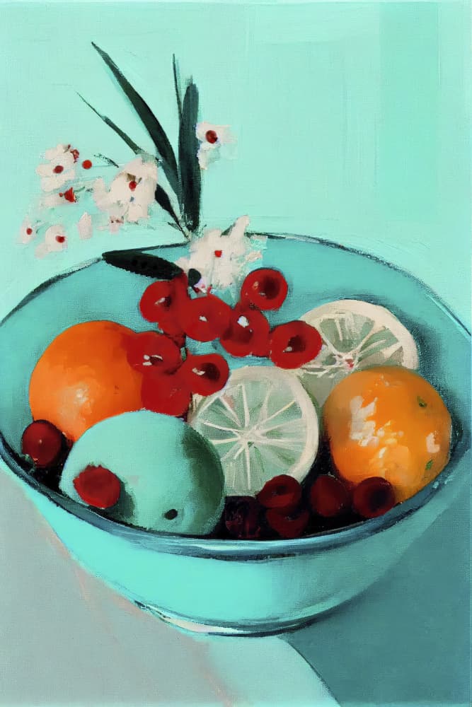 Vibrant Fruit Bowl by Treechild — canvas wall art