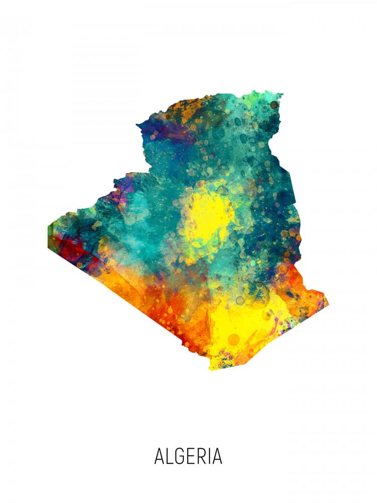 Vibrant Algeria Map by Michael Tompsett — canvas wall art