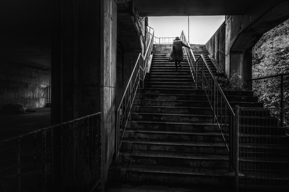 Solitary Figure Ascending Stairs by Haruyo Sakamoto — canvas wall art