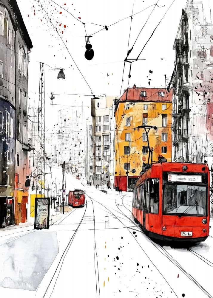 Red Tram Cityscape by Justyna Jaszke — canvas wall art