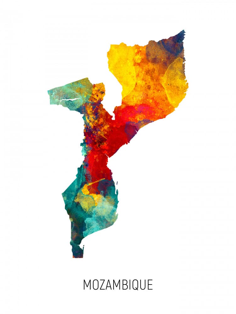 Vibrant Mozambique Map by Michael Tompsett — canvas wall art
