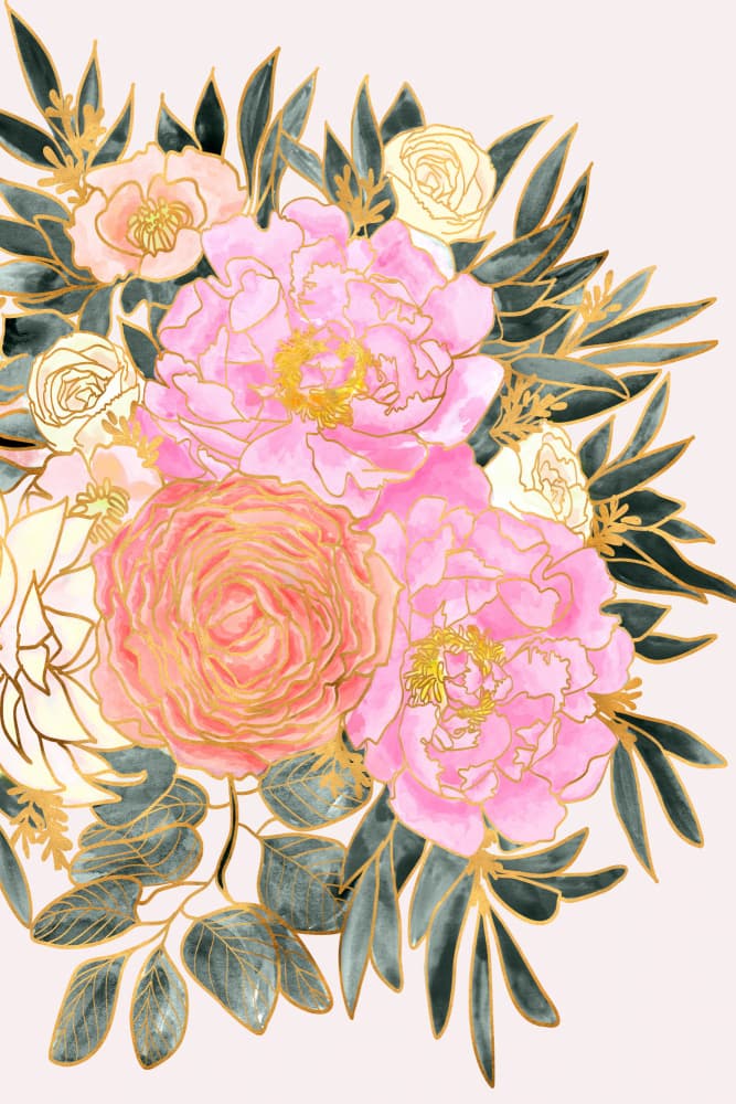 Gilded Pink Peonies by Rosana Laiz Blursbyai — canvas wall art
