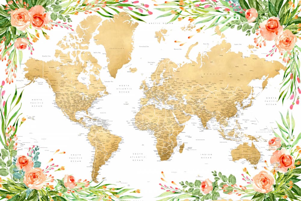 Golden Floral World Map by Rosana Laiz Blursbyai — canvas wall art