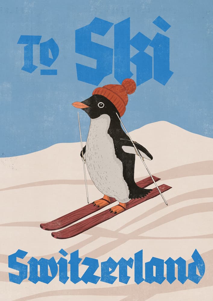 Skiing Penguin Switzerland by Nicholas — canvas wall art