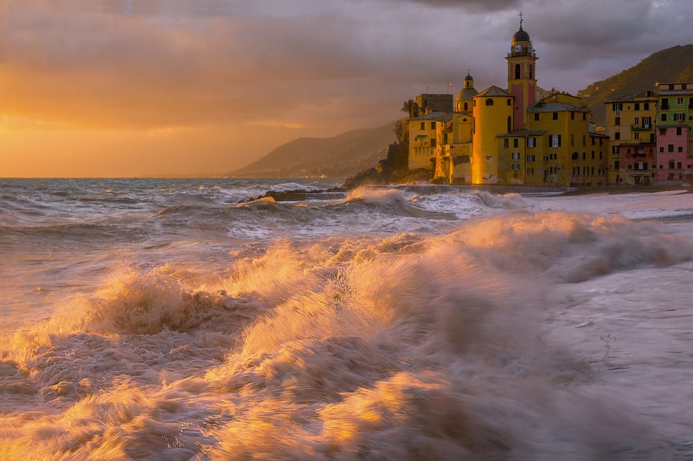 Golden Waves Coastal Village by Alessandro Traverso — canvas wall art