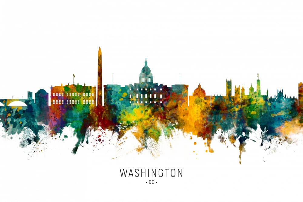Vibrant DC Watercolor Skyline by Michael Tompsett — canvas wall art