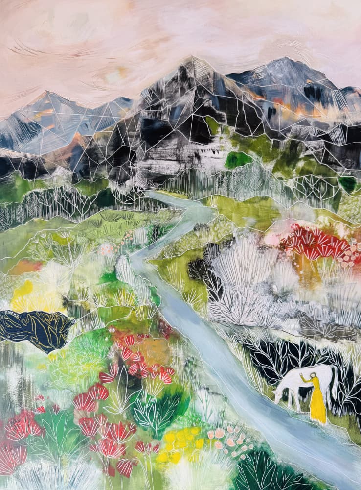 Woman Cow Mountain Valley by Sarah Fitzgerald — canvas wall art
